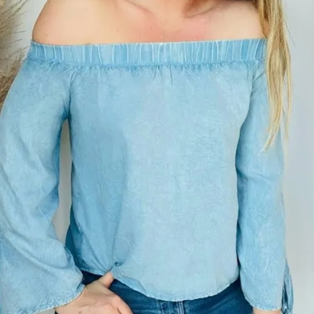 Women's Light Blue Off-Shoulder Blouse with Elastic Neckline
